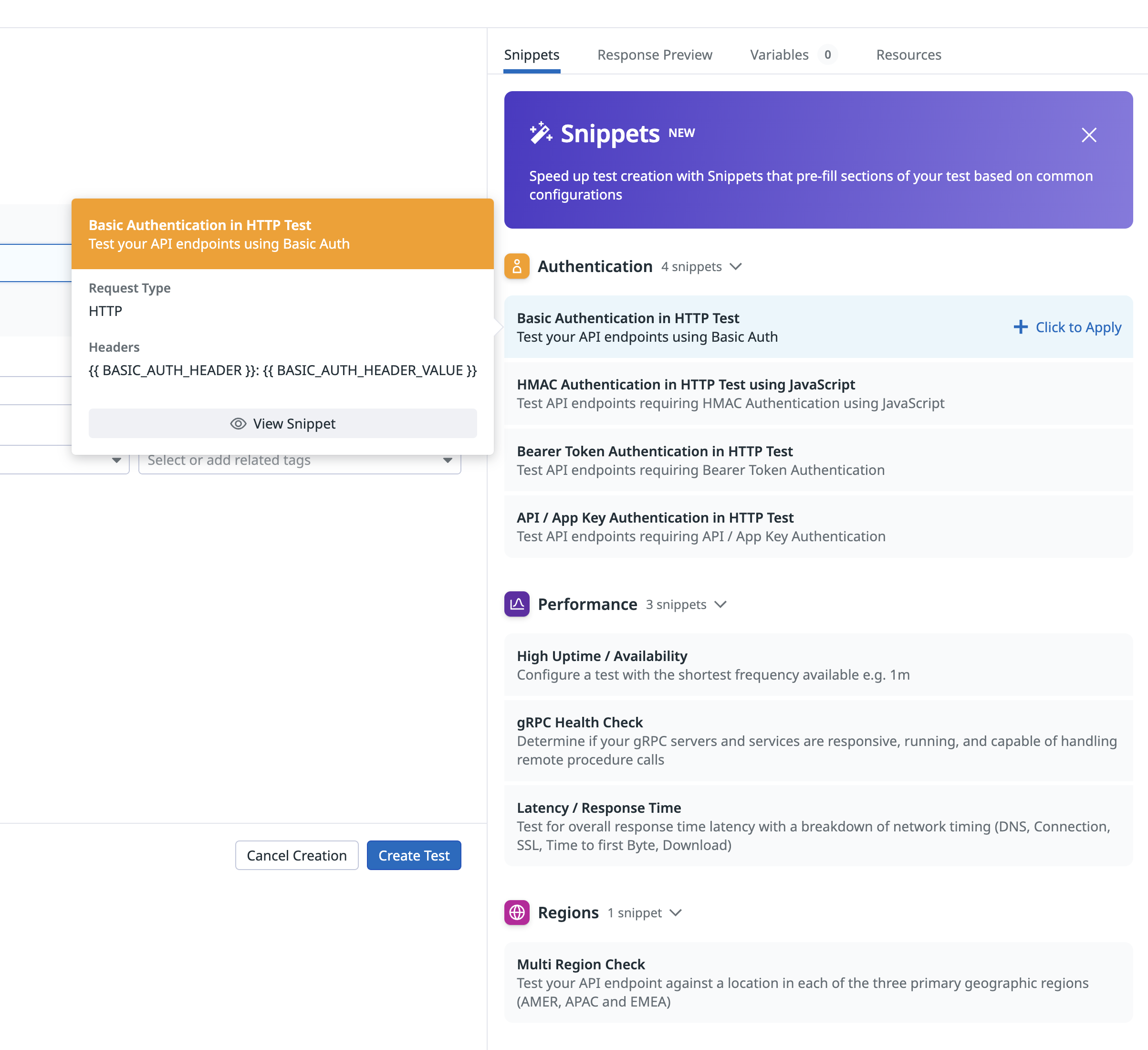 Screenshot of the left hand side of an API test creation, showing the snippets example